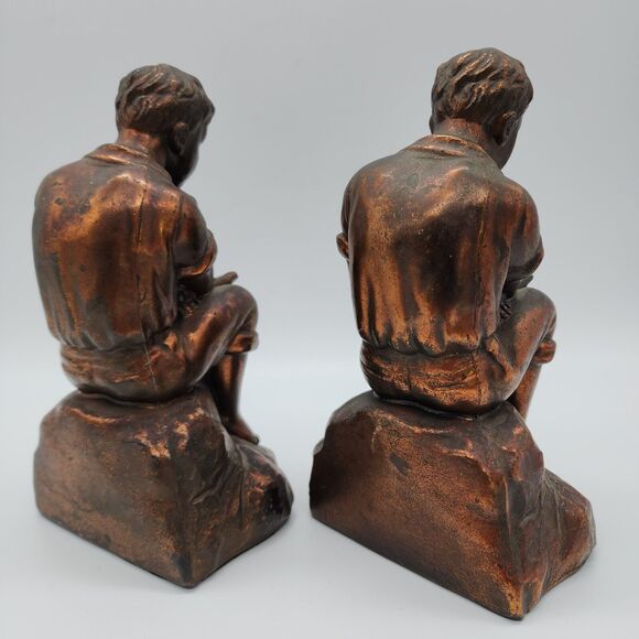 Pair of Antique Bookends Boy Reading Cast Metal Bronze Finish Office Decor MCM - Picture 5 of 15